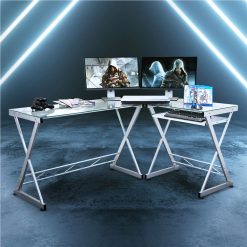Techni Mobili Home Office Computer Desk With Pull-Out Keyboard Panel, Glass Tabletop And Metal Frame, For Game Room, Small Space, Study Room - White