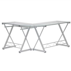 Techni Mobili Home Office Computer Desk With Pull-Out Keyboard Panel, Glass Tabletop And Metal Frame, For Game Room, Small Space, Study Room - White -NEWTRAL Sales Shop Techni Mobili L Shaped Tempered Glass Top Computer Desk with Pull Out Keyboard Panel Clear 471498 4