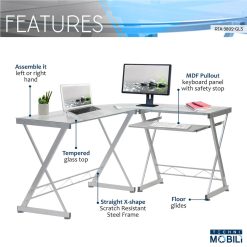 Techni Mobili Home Office Computer Desk With Pull-Out Keyboard Panel, Glass Tabletop And Metal Frame, For Game Room, Small Space, Study Room - White -NEWTRAL Sales Shop Techni Mobili L Shaped Tempered Glass Top Computer Desk with Pull Out Keyboard Panel Clear 471498 5