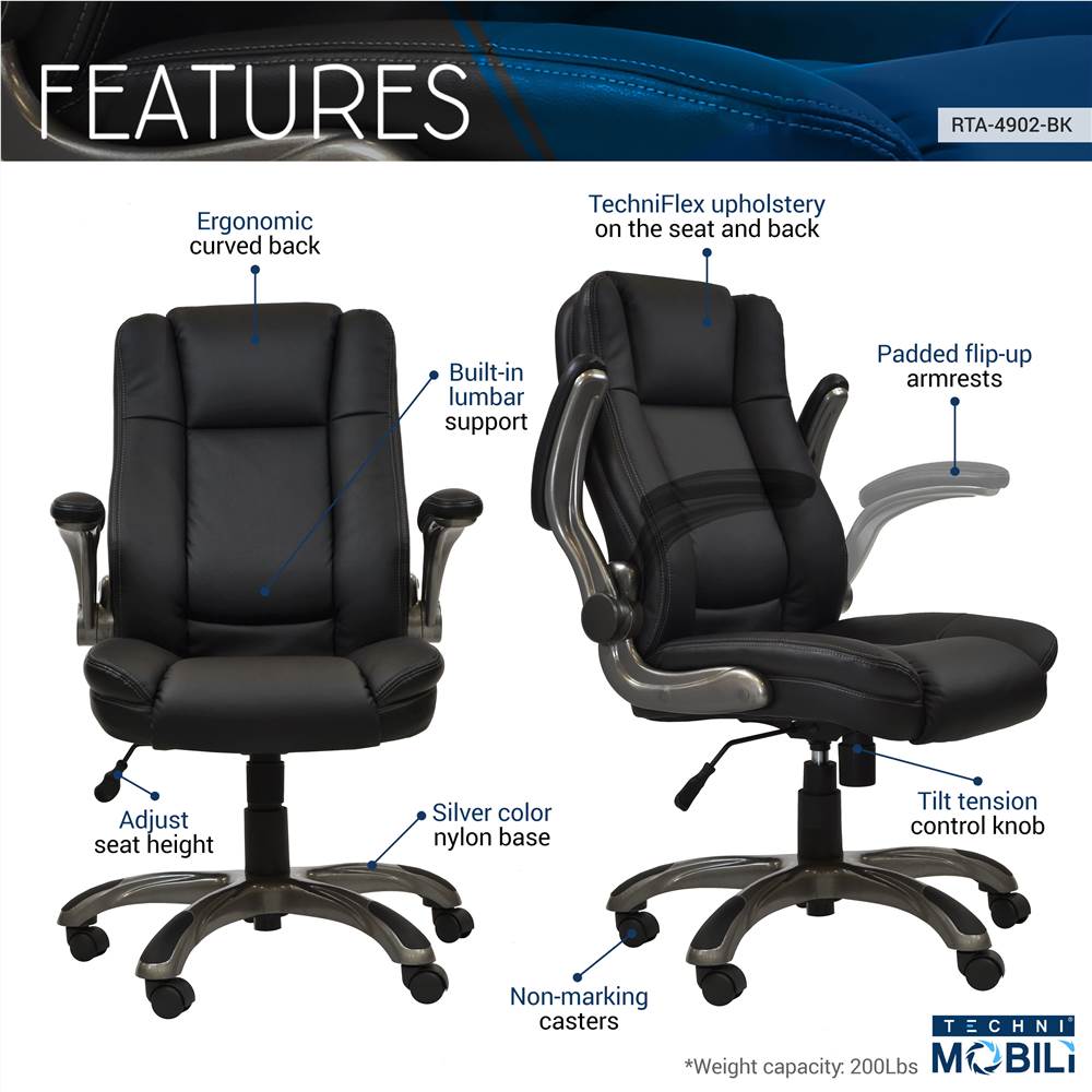 Techni Home Office Adjustable Rotatable Gaming Chair with Ergonomic Backrest and Flip-up Armrests - Black Techni Home Office Adjustable Rotatable Gaming Chair With Ergonomic Backrest And Flip-up Armrests - Black -NEWTRAL Sales Shop Techni Mobili Medium Back Executive Office Chair with Flip up Arms Black 469937 2