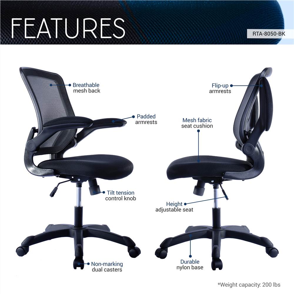 Techni Home Office Adjustable Rotatable Chair with Ergonomic Mesh Backrest and Flip-Up Armrest - Black Techni Home Office Adjustable Rotatable Chair With Ergonomic Mesh Backrest And Flip-Up Armrest - Black -NEWTRAL Sales Shop Techni Mobili Mesh Task Office Chair with Flip Up Arms Black 469925 0