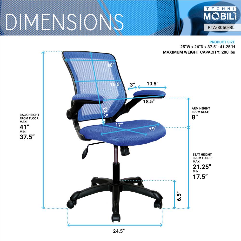 Techni Home Office Adjustable Rotatable Chair with Ergonomic Mesh Backrest and Flip-Up Armrest - Blue Techni Home Office Adjustable Rotatable Chair With Ergonomic Mesh Backrest And Flip-Up Armrest - Blue -NEWTRAL Sales Shop Techni Mobili Mesh Task Office Chair with Flip Up Arms Blue 469928 2