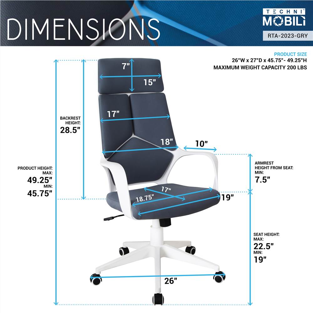 Techni Home Office Fabric Adjustable Rotatable Chair with Ergonomic High Backrest and Casters - Gray Techni Home Office Fabric Adjustable Rotatable Chair With Ergonomic High Backrest And Casters - Gray -NEWTRAL Sales Shop Techni Mobili Modern Studio Office Chair Grey White 469964 4