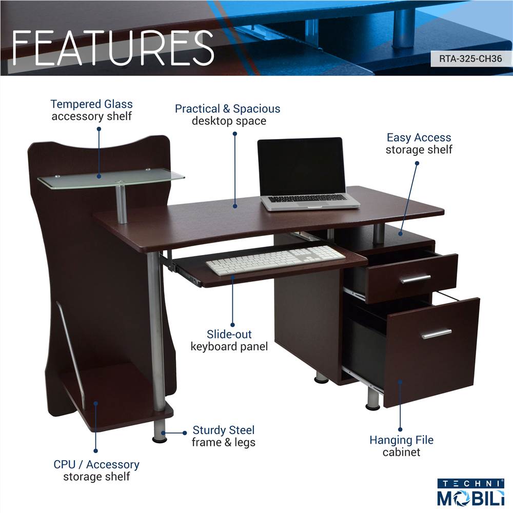 Techni Mobili Home Office Computer Desk with Keyboard Panel, 2 Storage Drawers, MDF Tabletop and Metal Frame, for Game Room, Small Space, Study Room - Brown Techni Mobili Home Office Computer Desk With Keyboard Panel, 2 Storage Drawers, MDF Tabletop And Metal Frame, For Game Room, Small Space, Study Room - Brown -NEWTRAL Sales Shop Techni Mobili Stylish Computer Desk with Storage Chocolate 471496 2