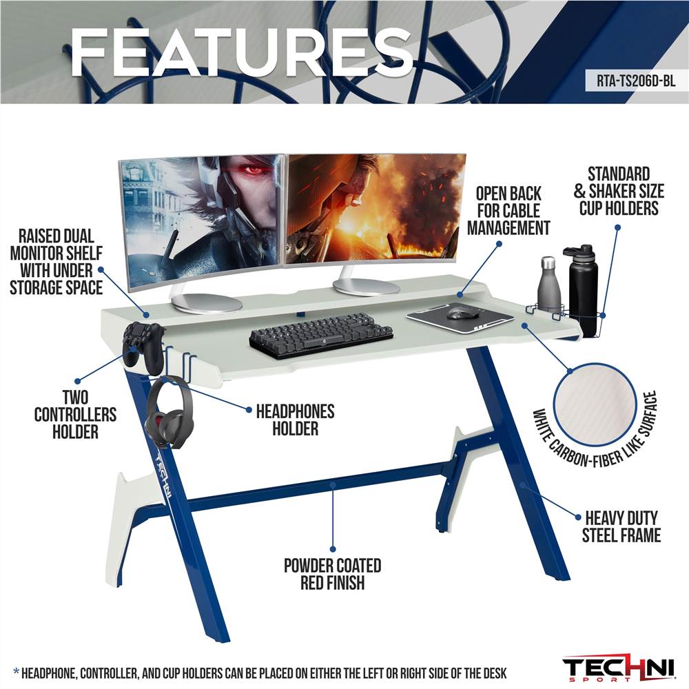 Techni Home Office Gaming Desk with Cup Holder, Headphone Hook, MDF Tabletop and Metal Frame, for Game Room, Small Space, Study Room - Blue Techni Home Office Gaming Desk With Cup Holder, Headphone Hook, MDF Tabletop And Metal Frame, For Game Room, Small Space, Study Room - Blue -NEWTRAL Sales Shop Techni Sport Ergonomic Computer Gaming Desk Workstation with Cupholder amp Headphone Hook Blue 471484 2