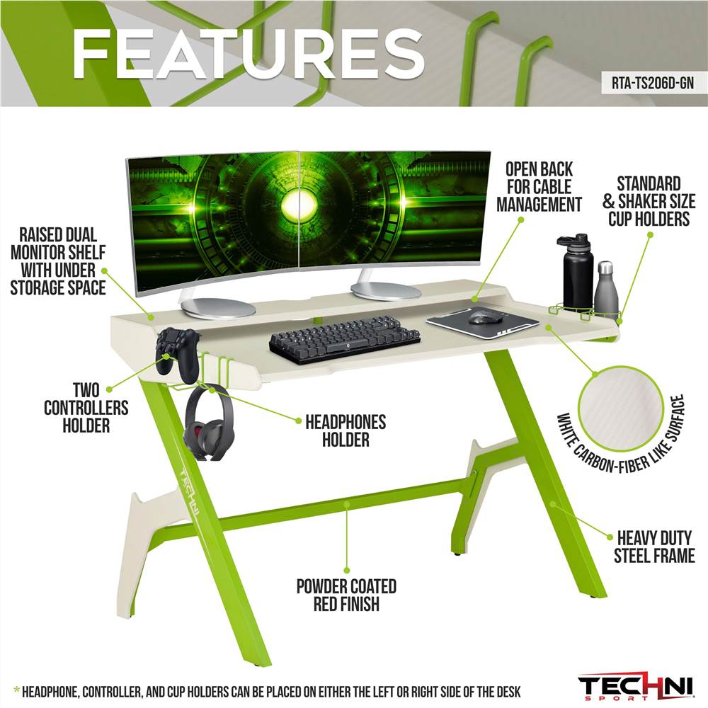 Techni Home Office Gaming Desk with Cup Holder, Headphone Hook, MDF Tabletop and Metal Frame, for Game Room, Small Space, Study Room - Green Techni Home Office Gaming Desk With Cup Holder, Headphone Hook, MDF Tabletop And Metal Frame, For Game Room, Small Space, Study Room - Green -NEWTRAL Sales Shop Techni Sport Ergonomic Computer Gaming Desk Workstation with Cupholder amp Headphone Hook Green 471488 0
