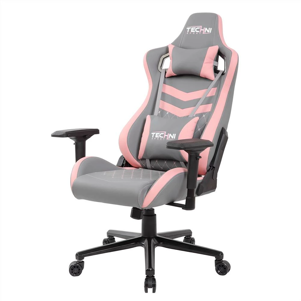 Techni TS-83 Home Office PU Leather Adjustable Rotatable Gaming Chair With Ergonomic High Backrest And Lumbar Support - Gray + Pink 2 Techni TS-83 Home Office PU Leather Adjustable Rotatable Gaming Chair With Ergonomic High Backrest And Lumbar Support - Gray + Pink - Image 2