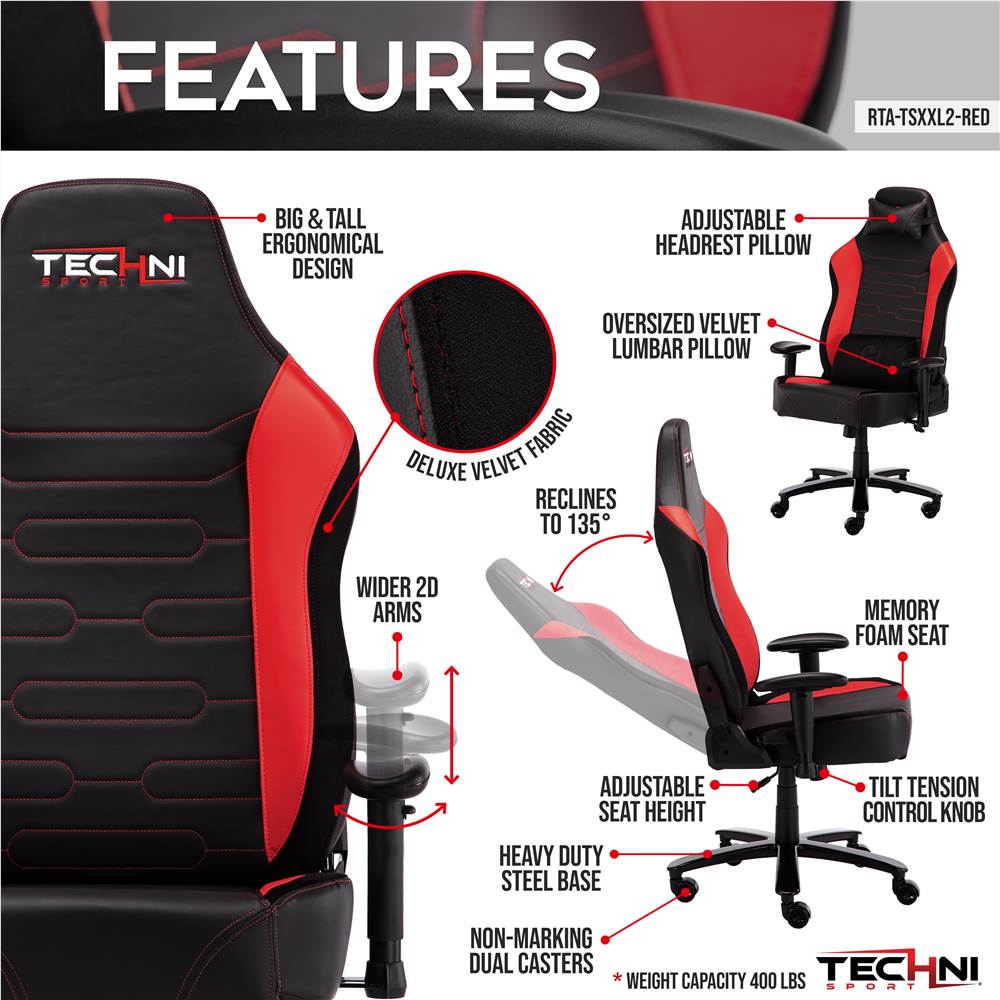 Techni Home Office Adjustable Rotatable Gaming Chair with Ergonomic High Backrest and Lumbar Support - Red Techni Home Office Adjustable Rotatable Gaming Chair With Ergonomic High Backrest And Lumbar Support - Red -NEWTRAL Sales Shop Techni Sport TS XXL2 Office PC XXL Gaming Chair Red 469894 0