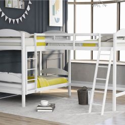 Twin-Over-Twin Size L-Shaped Bunk Bed Frame With Loft Bed, Ladder, And Wooden Slats Support, No Spring Box Required (Frame Only) - White