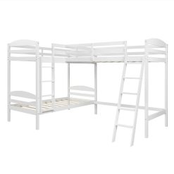 Twin-Over-Twin Size L-Shaped Bunk Bed Frame With Loft Bed, Ladder, And Wooden Slats Support, No Spring Box Required (Frame Only) - White -NEWTRAL Sales Shop Twin L Shaped Bunk Bed and Loft Bed White 460861 3