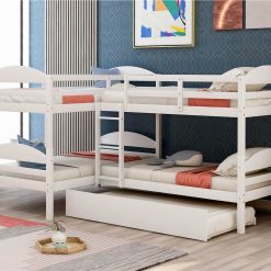 Twin-Over-Twin Size L-Shaped Bunk Bed Frame With Trundle Bed, Ladder, And Wooden Slats Support, No Spring Box Required (Frame Only) - White