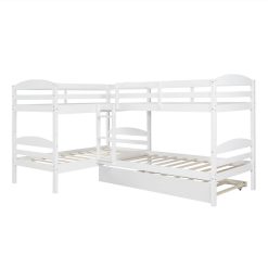 Twin-Over-Twin Size L-Shaped Bunk Bed Frame With Trundle Bed, Ladder, And Wooden Slats Support, No Spring Box Required (Frame Only) - White -NEWTRAL Sales Shop Twin L Shaped Bunk bed with Trundle White 460862 3