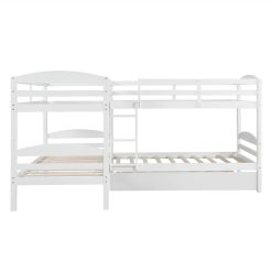 Twin-Over-Twin Size L-Shaped Bunk Bed Frame With Trundle Bed, Ladder, And Wooden Slats Support, No Spring Box Required (Frame Only) - White -NEWTRAL Sales Shop Twin L Shaped Bunk bed with Trundle White 460862 4
