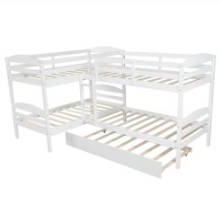 Twin-Over-Twin Size L-Shaped Bunk Bed Frame With Trundle Bed, Ladder, And Wooden Slats Support, No Spring Box Required (Frame Only) - White -NEWTRAL Sales Shop Twin L Shaped Bunk bed with Trundle White 460862 5