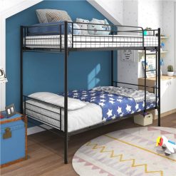 Twin-Over-Twin Size Bunk Bed Frame With Ladder, And Metal Slats Support, No Spring Box Required, For Kids, Teens (Frame Only) - Black