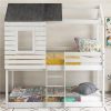 Twin-Over-Twin Size Bunk Bed Frame With Roof, And Wooden Slats Support, No Spring Box Required (Frame Only) - Antique White