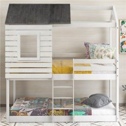 Twin-Over-Twin Size Bunk Bed Frame With Roof, And Wooden Slats Support, No Spring Box Required (Frame Only) - Antique White