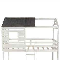 Twin-Over-Twin Size Bunk Bed Frame With Roof, And Wooden Slats Support, No Spring Box Required (Frame Only) - Antique White -NEWTRAL Sales Shop Twin Over Twin Bunk Bed Wood Loft Bed Bedroom Furniture with Roof Window Guardrail Ladder for Kids Teens Girls Boys Antique White 459502 3