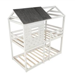 Twin-Over-Twin Size Bunk Bed Frame With Roof, And Wooden Slats Support, No Spring Box Required (Frame Only) - Antique White -NEWTRAL Sales Shop Twin Over Twin Bunk Bed Wood Loft Bed Bedroom Furniture with Roof Window Guardrail Ladder for Kids Teens Girls Boys Antique White 459502 4