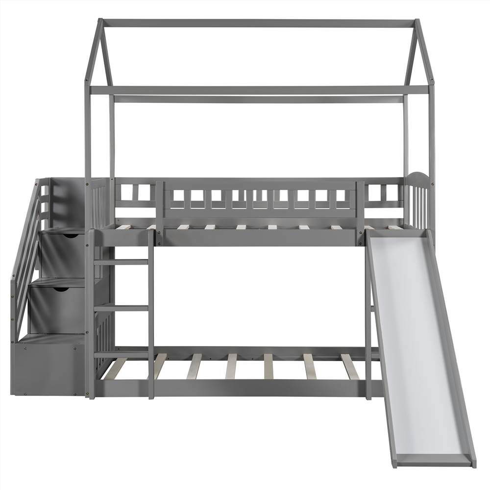 Twin-Over-Twin Size Bunk Bed Frame with Storage Stairs, Slide, and Wooden Slats Support, for Kids, Teens, Boys, Girls (Frame Only) - Gray Twin-Over-Twin Size Bunk Bed Frame With Storage Stairs, Slide, And Wooden Slats Support, For Kids, Teens, Boys, Girls (Frame Only) - Gray -NEWTRAL Sales Shop Twin Over Twin Bunk Bed with Two Drawers and Slide House Bed with Slide Gray 471654 2
