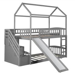 Twin-Over-Twin Size Bunk Bed Frame With Storage Stairs, Slide, And Wooden Slats Support, For Kids, Teens, Boys, Girls (Frame Only) - Gray 4 Twin-Over-Twin Size Bunk Bed Frame With Storage Stairs, Slide, And Wooden Slats Support, For Kids, Teens, Boys, Girls (Frame Only) - Gray -NEWTRAL Sales Shop Twin Over Twin Bunk Bed with Two Drawers and Slide House Bed with Slide Gray 471654 3