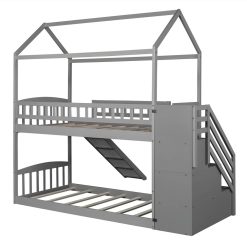 Twin-Over-Twin Size Bunk Bed Frame With Storage Stairs, Slide, And Wooden Slats Support, For Kids, Teens, Boys, Girls (Frame Only) - Gray 5 Twin-Over-Twin Size Bunk Bed Frame With Storage Stairs, Slide, And Wooden Slats Support, For Kids, Teens, Boys, Girls (Frame Only) - Gray -NEWTRAL Sales Shop Twin Over Twin Bunk Bed with Two Drawers and Slide House Bed with Slide Gray 471654 4
