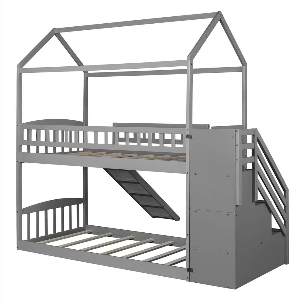 Twin-Over-Twin Size Bunk Bed Frame with Storage Stairs, Slide, and Wooden Slats Support, for Kids, Teens, Boys, Girls (Frame Only) - Gray Twin-Over-Twin Size Bunk Bed Frame With Storage Stairs, Slide, And Wooden Slats Support, For Kids, Teens, Boys, Girls (Frame Only) - Gray -NEWTRAL Sales Shop Twin Over Twin Bunk Bed with Two Drawers and Slide House Bed with Slide Gray 471654 4