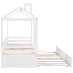 Twin Size House-shaped Platform Bed Frame With Twin Size Trundle And Wooden Slats Support, No Box Spring Needed (Only Frame) - White -NEWTRAL Sales Shop Twin Size House Bed Wood Bed with Twin Size Trundle White 472214 2