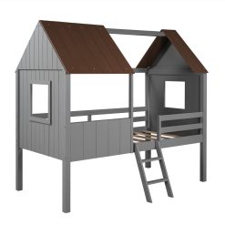 Twin-Size House-Shaped Loft Bed Frame With Two Side Windows And Wooden Slats Support, No Box Spring Required, For Kids, Teens, Boys, Girls (Frame Only) - Antique Gray + Normal Gray -NEWTRAL Sales Shop Twin Size Low Loft Wood House Bed with Two Side Windows for Kids Teens Girls Boys Antique Gray Normal Gray 471598 1