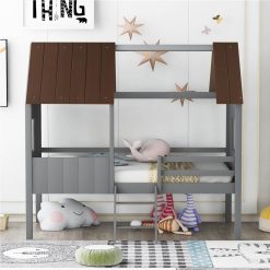 Twin-Size House-Shaped Loft Bed Frame With Two Side Windows And Wooden Slats Support, No Box Spring Required, For Kids, Teens, Boys, Girls (Frame Only) - Antique Gray + Normal Gray