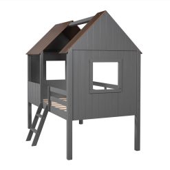 Twin-Size House-Shaped Loft Bed Frame With Two Side Windows And Wooden Slats Support, No Box Spring Required, For Kids, Teens, Boys, Girls (Frame Only) - Antique Gray + Normal Gray -NEWTRAL Sales Shop Twin Size Low Loft Wood House Bed with Two Side Windows for Kids Teens Girls Boys Antique Gray Normal Gray 471598 3