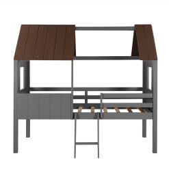 Twin-Size House-Shaped Loft Bed Frame With Two Side Windows And Wooden Slats Support, No Box Spring Required, For Kids, Teens, Boys, Girls (Frame Only) - Antique Gray + Normal Gray -NEWTRAL Sales Shop Twin Size Low Loft Wood House Bed with Two Side Windows for Kids Teens Girls Boys Antique Gray Normal Gray 471598 4