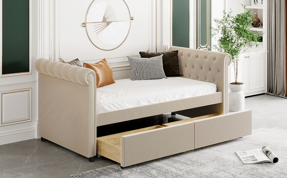 Twin Size Upholstered Daybed with 2 Storage Drawers, and Wooden Slats Support, No Box Spring Needed (Only Frame) - Beige Twin Size Upholstered Daybed With 2 Storage Drawers, And Wooden Slats Support, No Box Spring Needed (Only Frame) - Beige -NEWTRAL Sales Shop Twin Size Upholstered daybed with Drawers Wood Slat Support Beige 472207 3