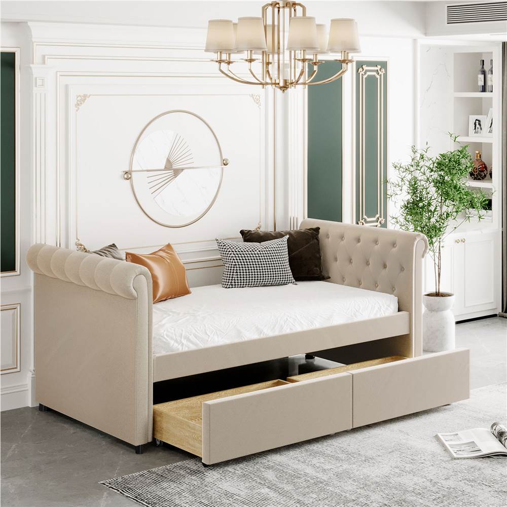 Twin Size Upholstered Daybed with 2 Storage Drawers, and Wooden Slats Support, No Box Spring Needed (Only Frame) - Beige Twin Size Upholstered Daybed With 2 Storage Drawers, And Wooden Slats Support, No Box Spring Needed (Only Frame) - Beige -NEWTRAL Sales Shop Twin Size Upholstered daybed with Drawers Wood Slat Support Beige 472207 4