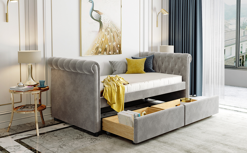 Twin Size Upholstered Daybed with 2 Storage Drawers, and Wooden Slats Support, No Box Spring Needed (Only Frame) - Gray Twin Size Upholstered Daybed With 2 Storage Drawers, And Wooden Slats Support, No Box Spring Needed (Only Frame) - Gray -NEWTRAL Sales Shop Twin Size Upholstered daybed with Drawers Wood Slat Support Gray 472206 2