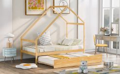 Twin Size House-Shaped Platform Bed Frame With Twin Size Trundle, And Wooden Slats Support, No Box Spring Needed (Only Frame) - Natural -NEWTRAL Sales Shop Twin Size Wooden House Bed With Twin Size Trundle Natural 472188 1