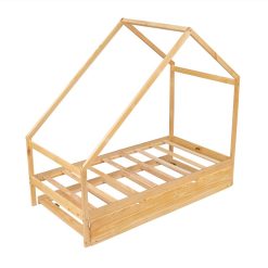 Twin Size House-Shaped Platform Bed Frame With Twin Size Trundle, And Wooden Slats Support, No Box Spring Needed (Only Frame) - Natural -NEWTRAL Sales Shop Twin Size Wooden House Bed With Twin Size Trundle Natural 472188 2