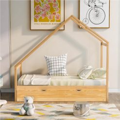 Twin Size House-Shaped Platform Bed Frame With Twin Size Trundle, And Wooden Slats Support, No Box Spring Needed (Only Frame) - Natural