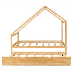 Twin Size House-Shaped Platform Bed Frame With Twin Size Trundle, And Wooden Slats Support, No Box Spring Needed (Only Frame) - Natural -NEWTRAL Sales Shop Twin Size Wooden House Bed With Twin Size Trundle Natural 472188 5