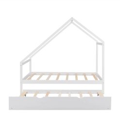 Twin Size House-Shaped Platform Bed Frame With Twin Size Trundle, And Wooden Slats Support, No Box Spring Needed (Only Frame) - White -NEWTRAL Sales Shop Twin Size Wooden House Bed With Twin Size Trundle White 472190 1