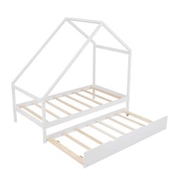 Twin Size House-Shaped Platform Bed Frame With Twin Size Trundle, And Wooden Slats Support, No Box Spring Needed (Only Frame) - White -NEWTRAL Sales Shop Twin Size Wooden House Bed With Twin Size Trundle White 472190 2