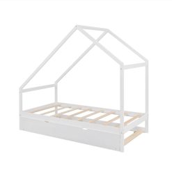 Twin Size House-Shaped Platform Bed Frame With Twin Size Trundle, And Wooden Slats Support, No Box Spring Needed (Only Frame) - White -NEWTRAL Sales Shop Twin Size Wooden House Bed With Twin Size Trundle White 472190 3