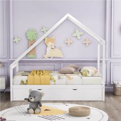 Twin Size House-Shaped Platform Bed Frame With Twin Size Trundle, And Wooden Slats Support, No Box Spring Needed (Only Frame) - White