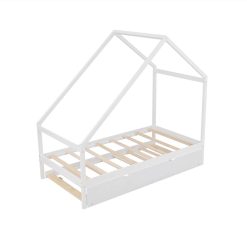 Twin Size House-Shaped Platform Bed Frame With Twin Size Trundle, And Wooden Slats Support, No Box Spring Needed (Only Frame) - White -NEWTRAL Sales Shop Twin Size Wooden House Bed With Twin Size Trundle White 472190 5