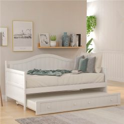 Twin-Size Wooden Platform Daybed Frame With Trundle Bed And Wooden Slats Support - White