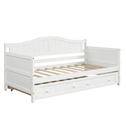 Twin-Size Wooden Platform Daybed Frame With Trundle Bed And Wooden Slats Support - White -NEWTRAL Sales Shop Twin Wooden Daybed with Trundle Bed Sofa Bed for Bedroom Living Room White 458952 2