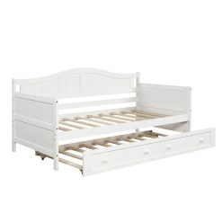 Twin-Size Wooden Platform Daybed Frame With Trundle Bed And Wooden Slats Support - White -NEWTRAL Sales Shop Twin Wooden Daybed with Trundle Bed Sofa Bed for Bedroom Living Room White 458952 3