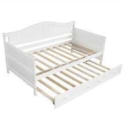 Twin-Size Wooden Platform Daybed Frame With Trundle Bed And Wooden Slats Support - White -NEWTRAL Sales Shop Twin Wooden Daybed with Trundle Bed Sofa Bed for Bedroom Living Room White 458952 4