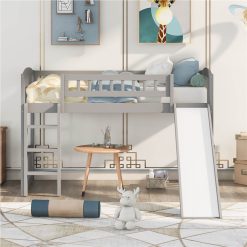 Twin-Size Loft Bed Frame With Slide, Ladder, And Wooden Slats Support, For Kids, Teens, Boys, Girls (Frame Only) - Gray