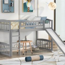 Twin-Size Loft Bed Frame With Slide, Ladder, And Wooden Slats Support, For Kids, Teens, Boys, Girls (Frame Only) - Gray -NEWTRAL Sales Shop Twin size Loft Bed with Slide and Ladder Gray 469081 2